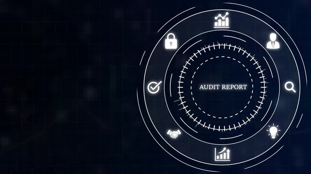 Futuristic digital interface displaying audit report with business and data analysis on a dark grid background Keywords: audit report, digital interface