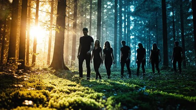 Group of people standing together in a forest with sunlight filtering through the trees