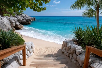 Fototapeta premium Wooden steps leading to tropical turquoise beach paradise