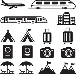 Travel and tourism icons including transportation and photography