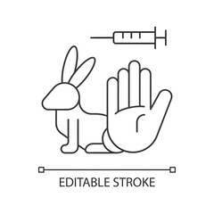 No rabbit testing linear icon. Ban for harmful clinical trials on hares. Protect pets. Thin line customizable illustration. Contour symbol. Vector isolated outline drawing. Editable stroke