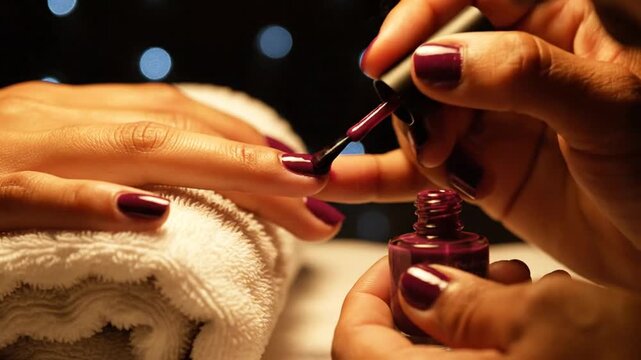 Nail technician applying red nail polish to a client's fingernails in a salon setting from a close-up viewpoint