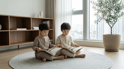 Children Sitting On Floor Reading Books In Modern Bright Apartment