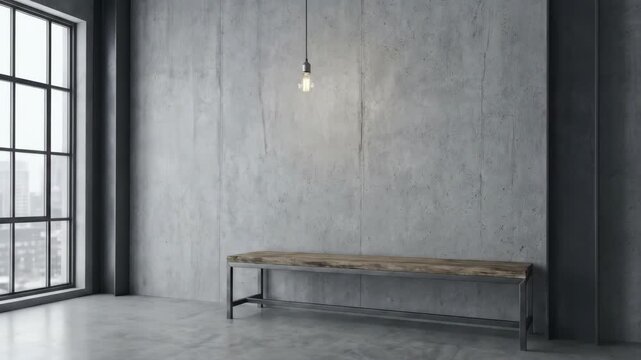 Modern loft interior with large window and bench.