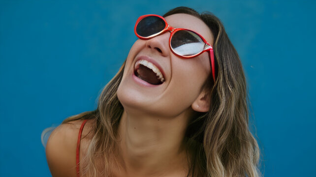 Woman laughing while wearing stylish red sunglasses against a blue background