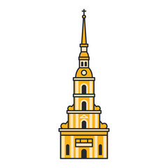 Historic baroque church tower with golden spire and cross. Illustration. Object isolated on white background.