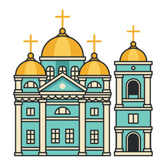 Orthodox cathedral with bell tower and golden domes. Illustration. Object isolated on white background.