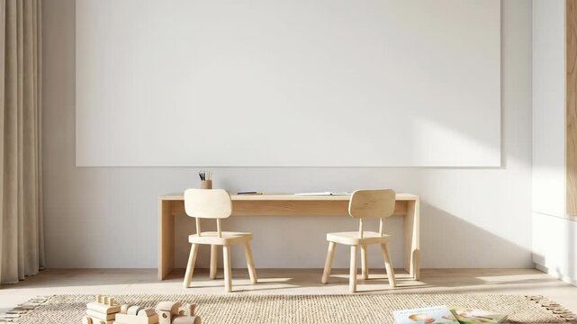 Modern Minimalist Childrens Study Room with Desk and Chairs.
