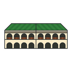 Historic trading arcade with green roof and arched galleries. Illustration. Object isolated on white background.