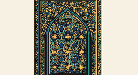 Islamic prayer rug design with traditional geometric star patterns and arabesque floral borders in teal gold and navy blue colors