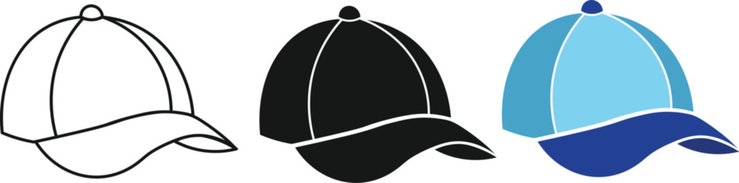Cap icon set in line, solid and filled outline colorful style, set of Baseball hat logo symbol icon design. vector illustration