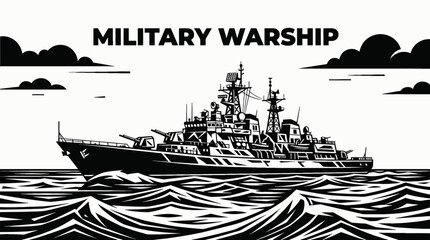 military warship boat vessel in deep ocean sea marine water defense waves horizon navigation black and white vector illustration © samira
