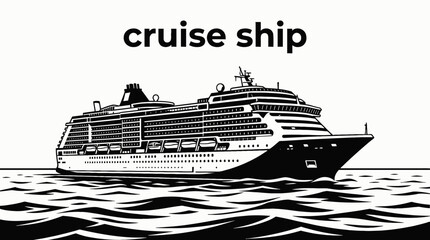 Obraz premium cruise ship boat vessel in calm sea ocean marine water travel tourism waves horizon navigation black and white vector illustration