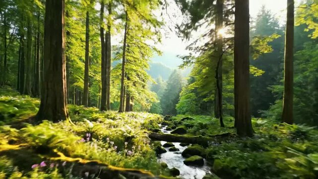 Lush forest scene with sunlight streaming through the trees and flowing stream