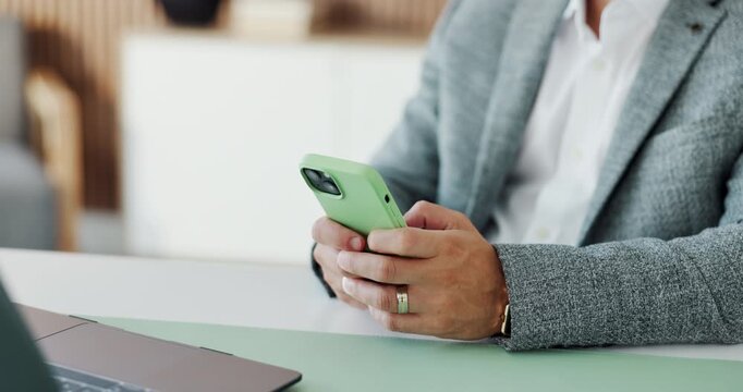 Finance, hands and phone with business man at desk in office for accounting report or review. Investment, stock market trading and typing with financial employee in workplace for wealth management
