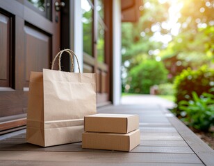Contactless eco food delivery packaging scene
Kraft boxes at doorstep, paper bag with logo space, soft daylight, realistic branding mockup.