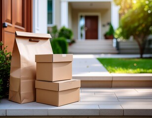 Contactless eco food delivery packaging scene
Kraft boxes at doorstep, paper bag with logo space, soft daylight, realistic branding mockup.