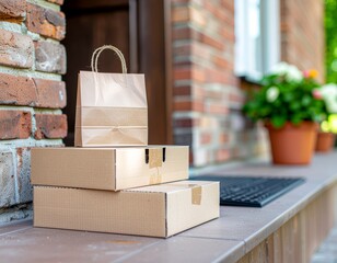 Contactless eco food delivery packaging scene
Kraft boxes at doorstep, paper bag with logo space, soft daylight, realistic branding mockup.