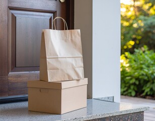 Contactless eco food delivery packaging scene
Kraft boxes at doorstep, paper bag with logo space, soft daylight, realistic branding mockup.
