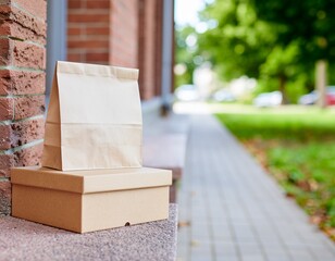 Contactless eco food delivery packaging scene
Kraft boxes at doorstep, paper bag with logo space, soft daylight, realistic branding mockup.