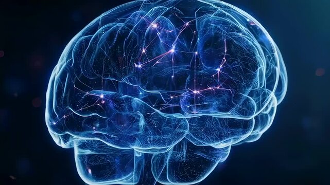 Glowing brain network with neural sparks and pulsing nodes, detailed synapse activation and electric impulses across cortex, rotating transparent mesh view, dynamic connectivity mapping