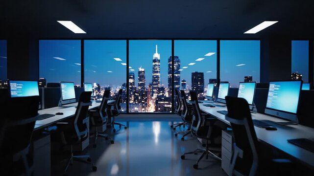 Modern office space with multiple computer workstations facing a large window overlooking a cityscape at dusk with illuminated skyscrapers