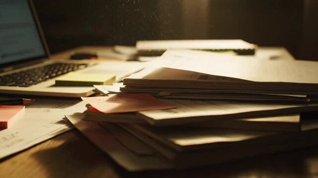 A Desk piled high with papers and a laptop, suggesting study or work on a project