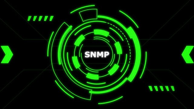 Digital SNMP network monitoring concept with glowing green tech rings and futuristic data visualization.