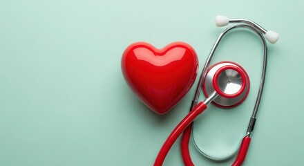 Red heart and stethoscope on light blue background