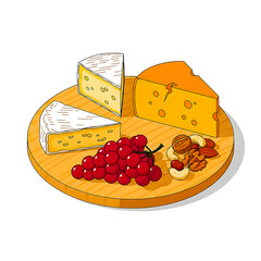 Cheese and nut platter with red grapes and cheese knife