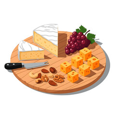 Cheese board with grapes, nuts, cheese knife, and cubed cheese