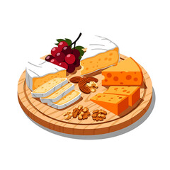 Artistic illustration of sliced cheese, nuts, and grapes on a board