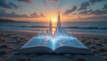 Magical cityscape emerges from open book on serene beach at sunset