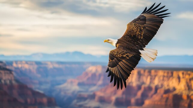A bald eagle soars majestically over the Grand Canyon with its wings spread wide against a dramatic landscape backdrop.