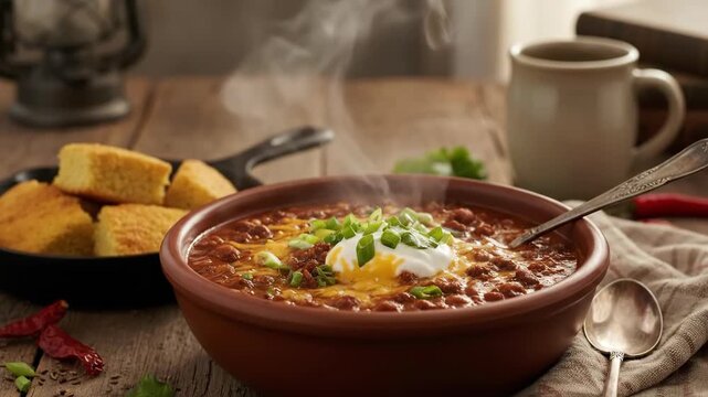 Hearty Bowl of Chili with Cornbread and Hot Coffee on Rustic Table.