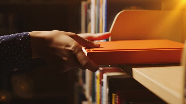 Hand holding orange folder on a shelf in a dimly lit library or office environment