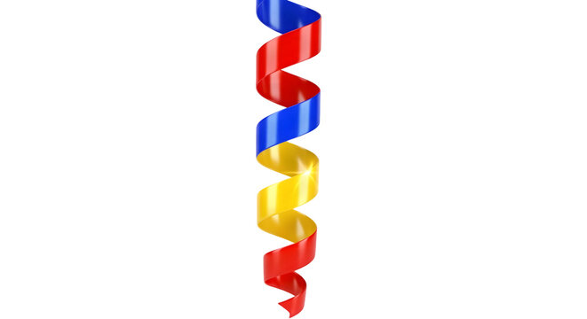 Colorful blue, yellow and red spiral ribbons isolated on transparent background for decoration and celebration