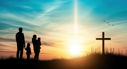 Fototapeta premium Silhouette family standing near cross at sunset with birds flying