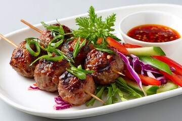 Fototapeta premium Asian cuisine meatballs skewers with dipping sauce