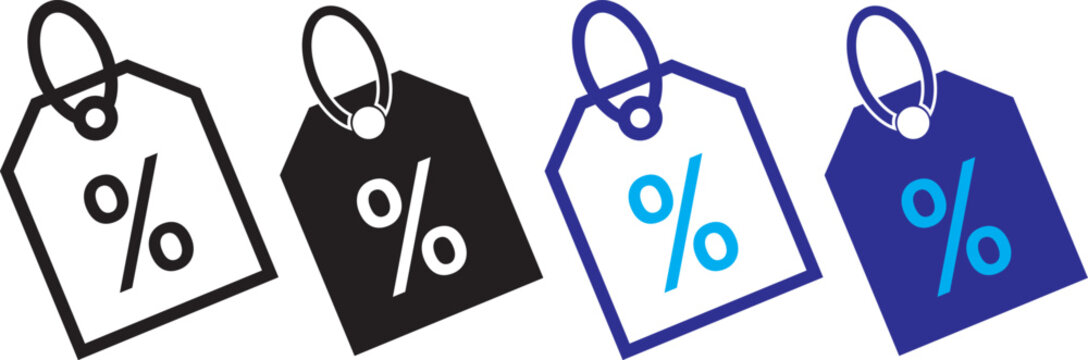 Price Tag Icon Set. Retail sale and discount symbols. discount icon collection. Discount tag icon design. vector graphics in flat. Four price tag icons with dollar signs in blue and black, isolated on