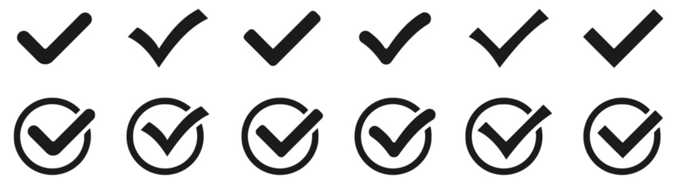 Collection of black check marks icons and check marks in circles on white background