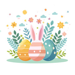Fototapeta premium Colorful Easter eggs and bunny surrounded by flowers and leaves in a vibrant spring scene