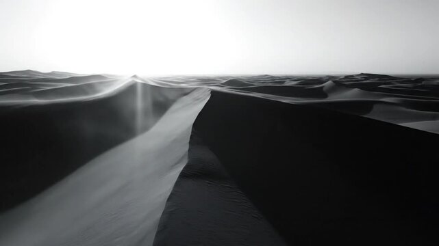 Monochrome aerial view of a vast desert landscape with sand dunes and blowing sand under bright sun