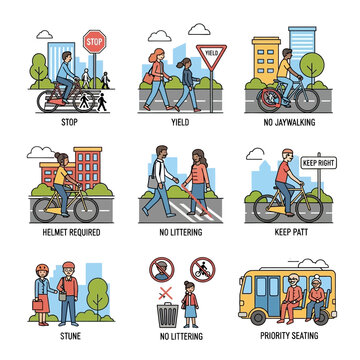 Urban traffic safety rules: cyclists, pedestrians, public transport, and etiquette illustrations