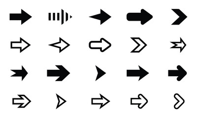 Collection of diverse arrow icons in black and white for direction and navigation