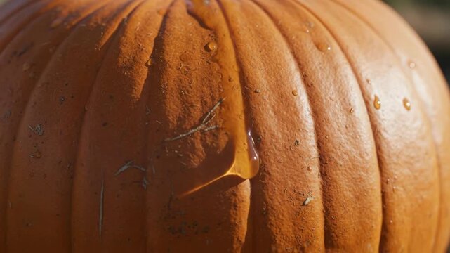 Close up of a ripe orange pumpkin with water droplets on its surface.