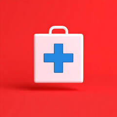 Fototapeta premium Floating white first aid box with a blue cross on a clean red background, conveying modern healthcare, emergency response, safety equipment, and medical readiness concepts.