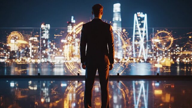 Man standing on waterfront viewing illuminated cityscape at dusk with skyscrapers and bridge reflections