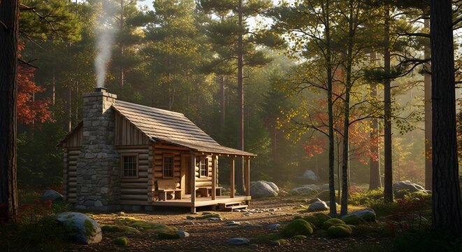Serene nature retreat cozy log cabin in forest with smoke rising from chimney