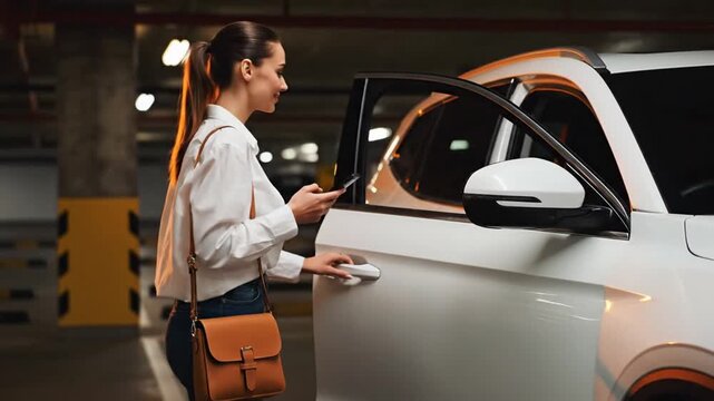 Young professional woman entering a car in a parking garage with a bag